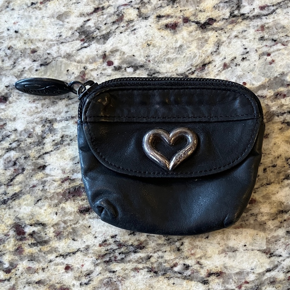 Brighton Black Leather Heart Coin Purse Mini Zip Wallet Change Pouch Keychain